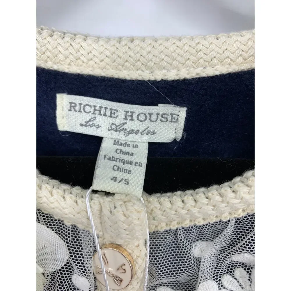 Richie House Girl's Size 4-5 Sweet Lacy Cardigan with Braided Placket Blue Cream